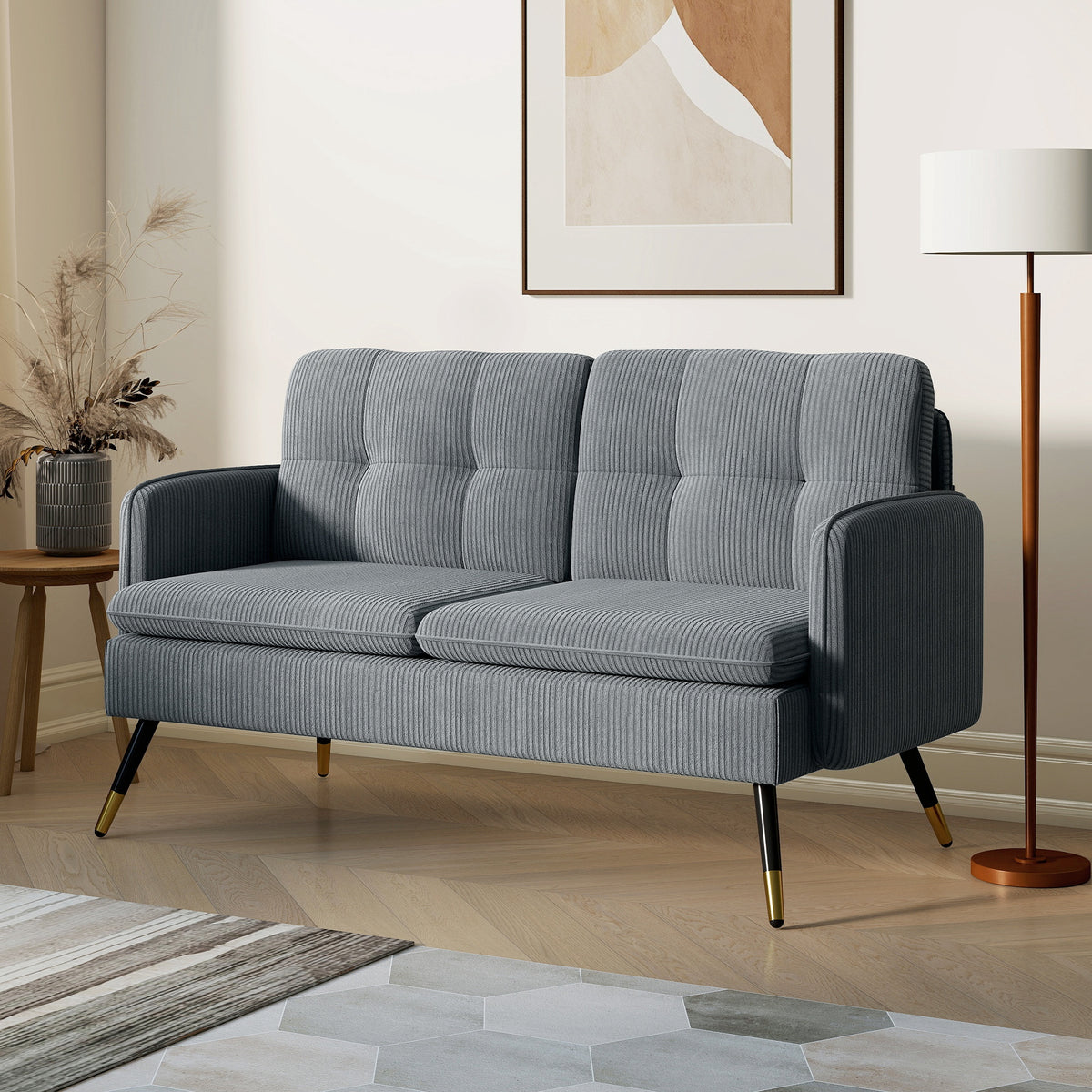 55" Loveseat Sofa, Linen Love Seat w/ S spring, Steel Legs and Button Tufting, Small Couch for Living Room – view 35