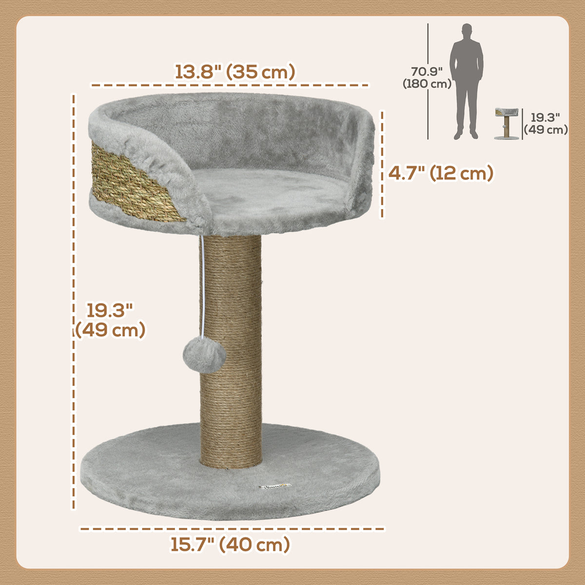 Cat Tree with Scratching Post, Toy Ball, Perch, Small Cat Tower for Indoor Cats - 16" x 16" x 19", Beige – view 9