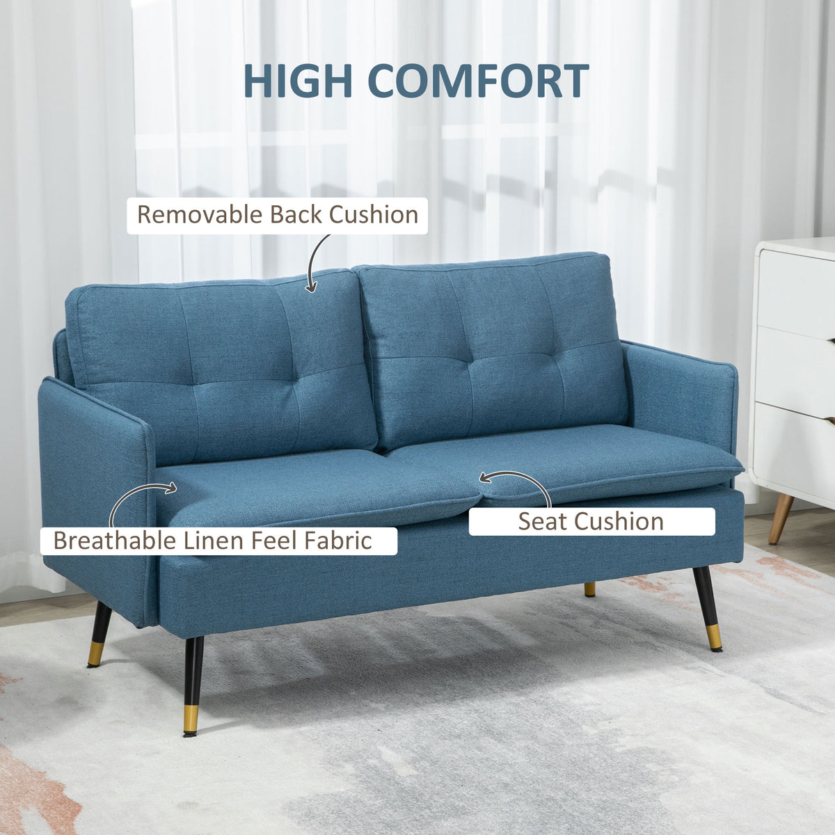 55" Loveseat Sofa, Linen Love Seat w/ S spring, Steel Legs and Button Tufting, Small Couch for Living Room – view 17