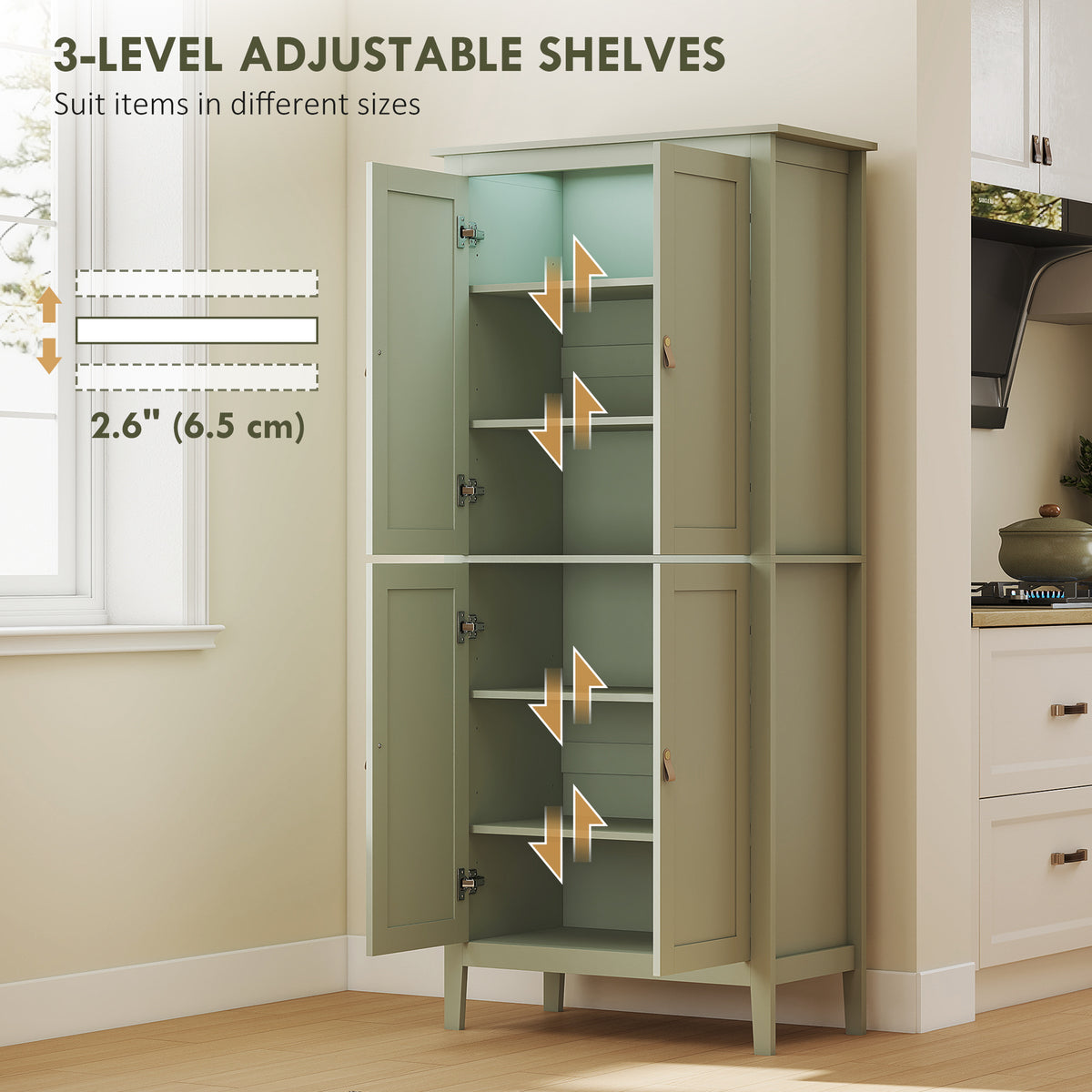 69.5" Tall Kitchen Pantry Storage Cabinet with Motion Sensor LED Light, Modern Kitchen Pantry Cabinet, Green – view 5