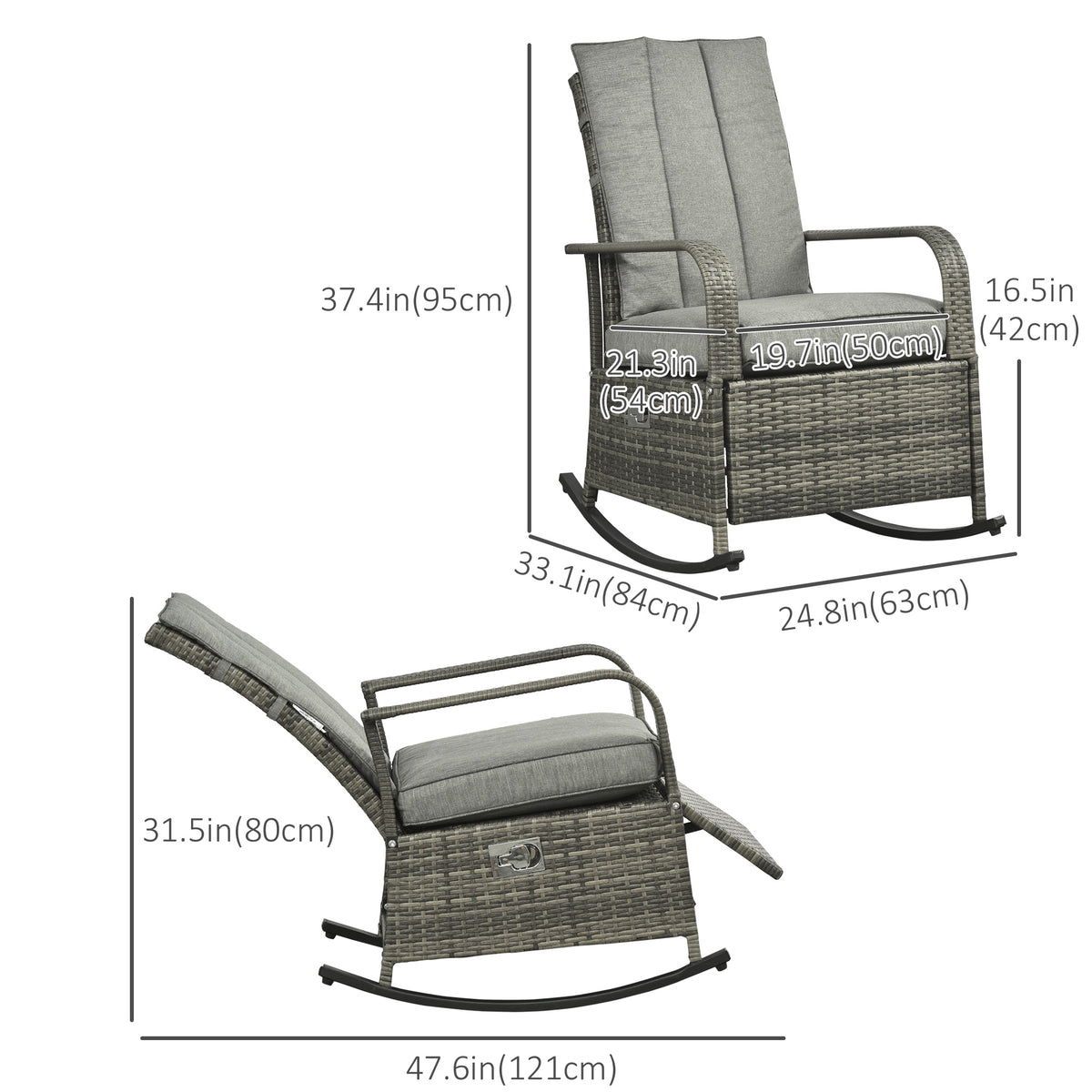 Outdoor Wicker Rocking Chair with Cushion, Patio PE Rattan Recliner Chair with Adjustable Footrest – view 9