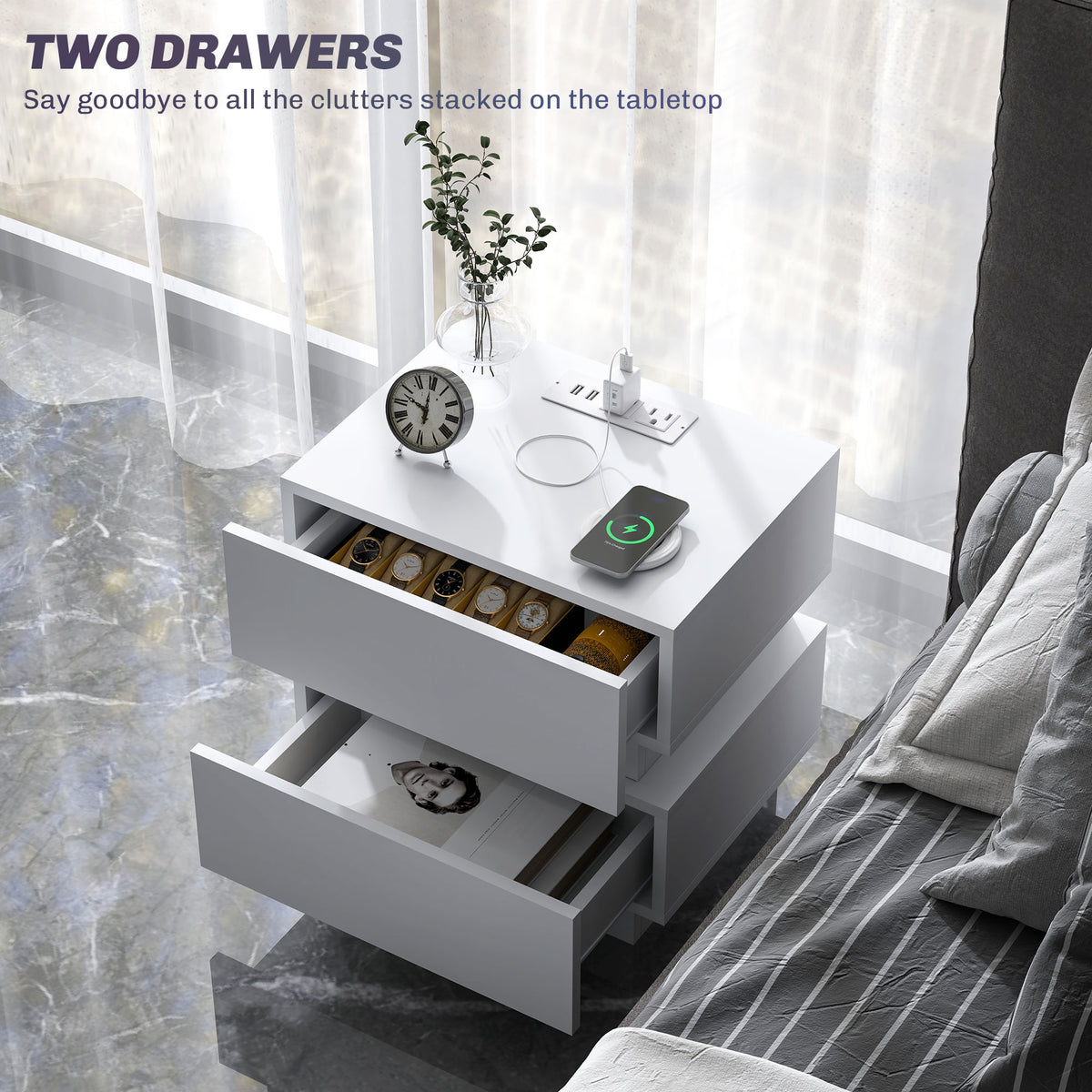 Bedside Table with Charging Station and LED Light Modern Nightstand with USB Ports AC Outlets Drawers – view 12