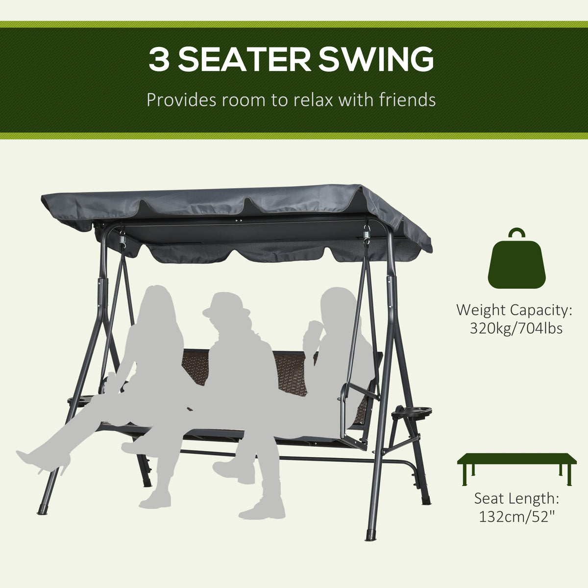 3-Seat Patio Swing Chair, Outdoor Canopy Swing Glider with Adjustable Shade, Rattan Seat and Steel Frame – view 7