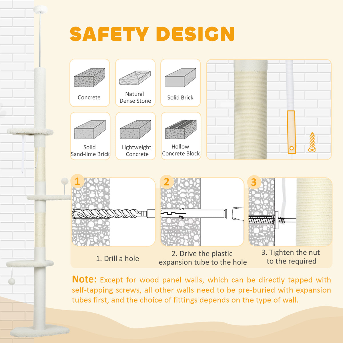88.5"-100.5" Floor to Ceiling Cat Tree, Cat Tower with Scratching Posts, Cloud Shaped Platforms, Dangling Balls, Cream