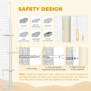 88.5"-100.5" Floor to Ceiling Cat Tree, Cat Tower with Scratching Posts, Cloud Shaped Platforms, Dangling Balls, Cream