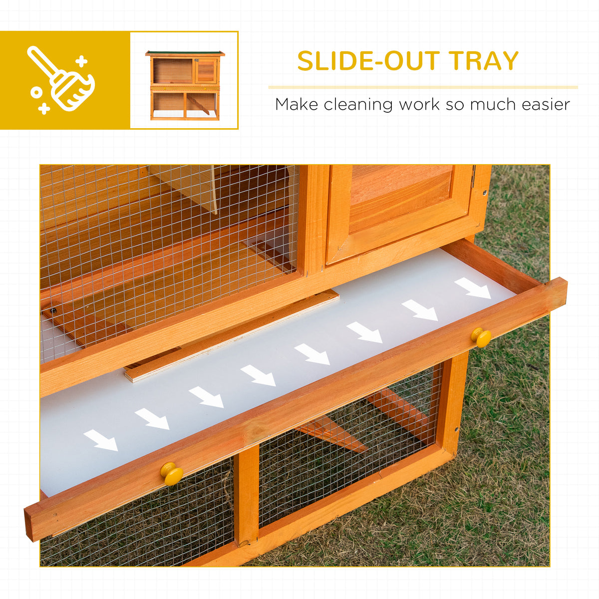 Wooden Rabbit Hutch, Indoor Outdoor Bunny Cage with Run, 2- Level Guinea Pig House with Slide-Out Tray, Waterproof Roof, Yellow