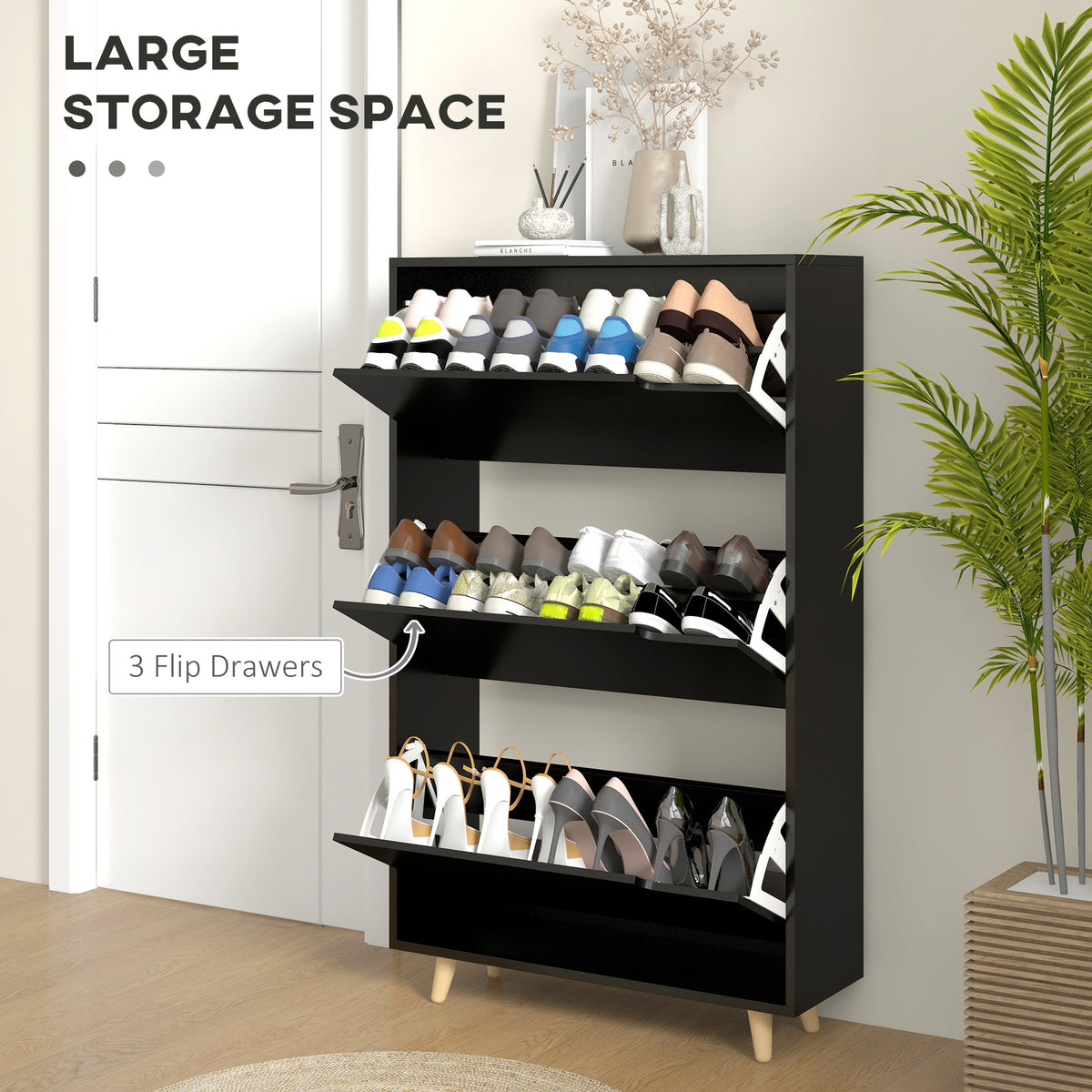 Slim Shoe Storage Cabinet with 3 Flip Drawers and Adjustable Shelves, Shoe Cabinet for 18-24 Pairs, Black – view 3