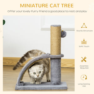 17" Small Cat Tree with Jute Scratching Post, Curved Scratching Board, Dangling Ball with Bell, Grey