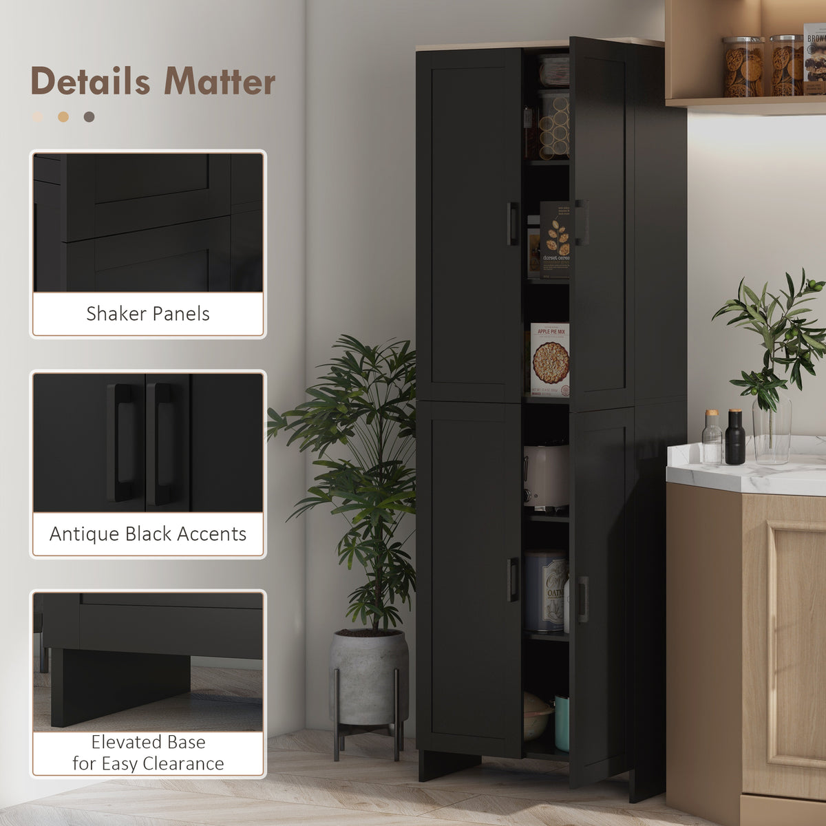 67" 4-Door Kitchen Pantry Cabinet, Freestanding Storage Cabinet Cupboard with Adjustable Shelves, Black – view 6