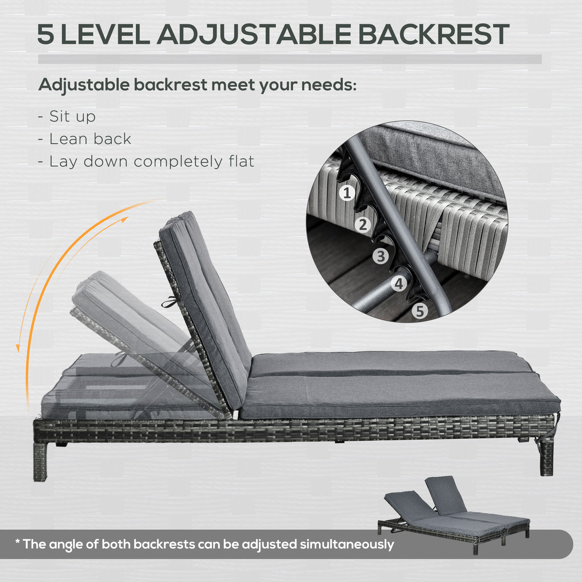 Wicker Double Chaise Lounge Chair Outdoor Recliner 2 Person Rattan Patio Reclining Sunbed Furniture Cushioned w/Adjustable Backrest, Black, Grey