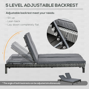 Wicker Double Chaise Lounge Chair Outdoor Recliner 2 Person Rattan Patio Reclining Sunbed Furniture Cushioned w/Adjustable Backrest, Black, Grey
