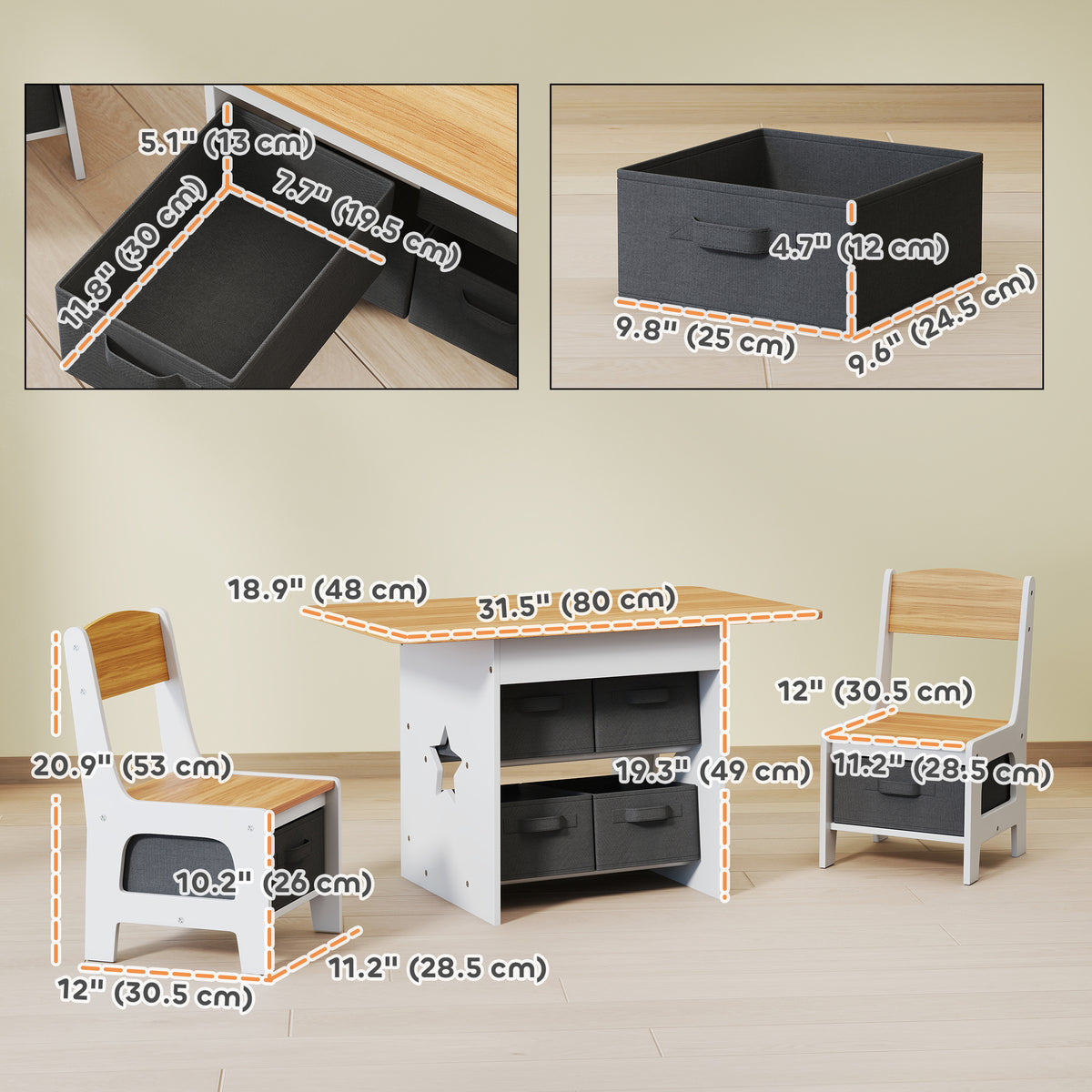 Qaba 3 Piece Kids Table and Chair Set with 6 Removable Drawers, for Classroom, Living Room, Bedroom, Nursery