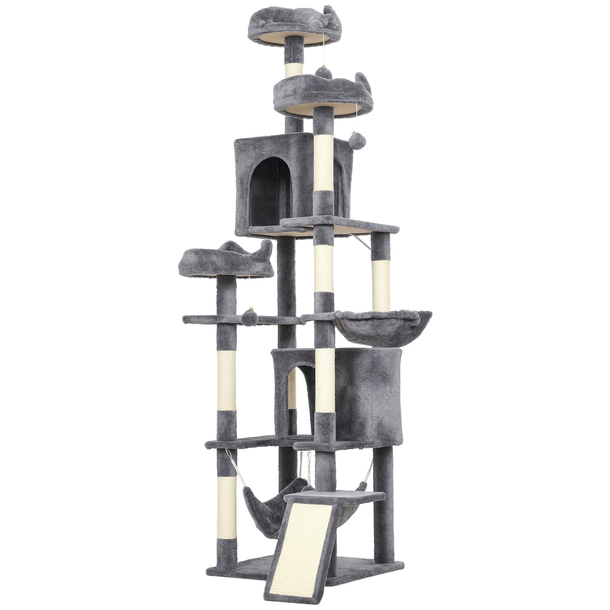 76" Large Cat Tree for Indoor Cats with 8 Scratching Posts, 3 Plush Beds, 2 Hammocks, 2 Large Condos, Ramp