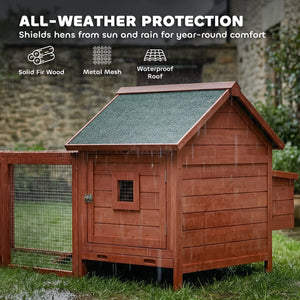72" Chicken Coop, Wooden Hen House for 2 Chickens, Poultry Cage with Run, Nesting Box, Removable Tray, Waterproof Roof