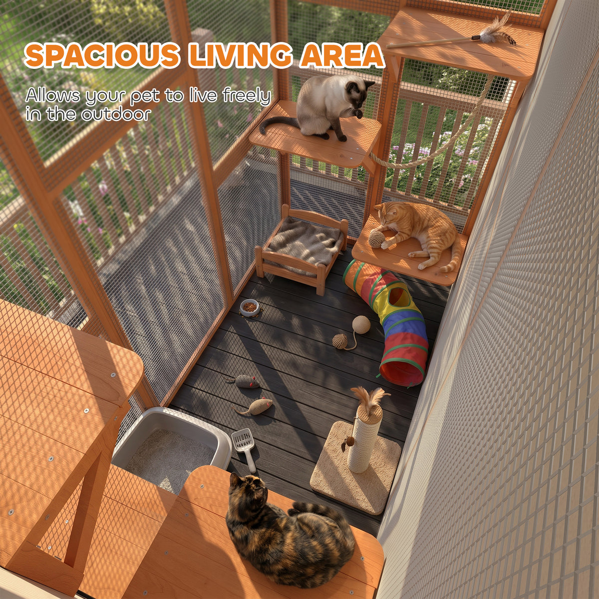 Large Outdoor Catio Enclosure, Weatherproof Cat House with Asphalt Roof,  Wooden Cat Patio Cage with 6 Balanced Platforms, 71" x 39" x 71", Grey