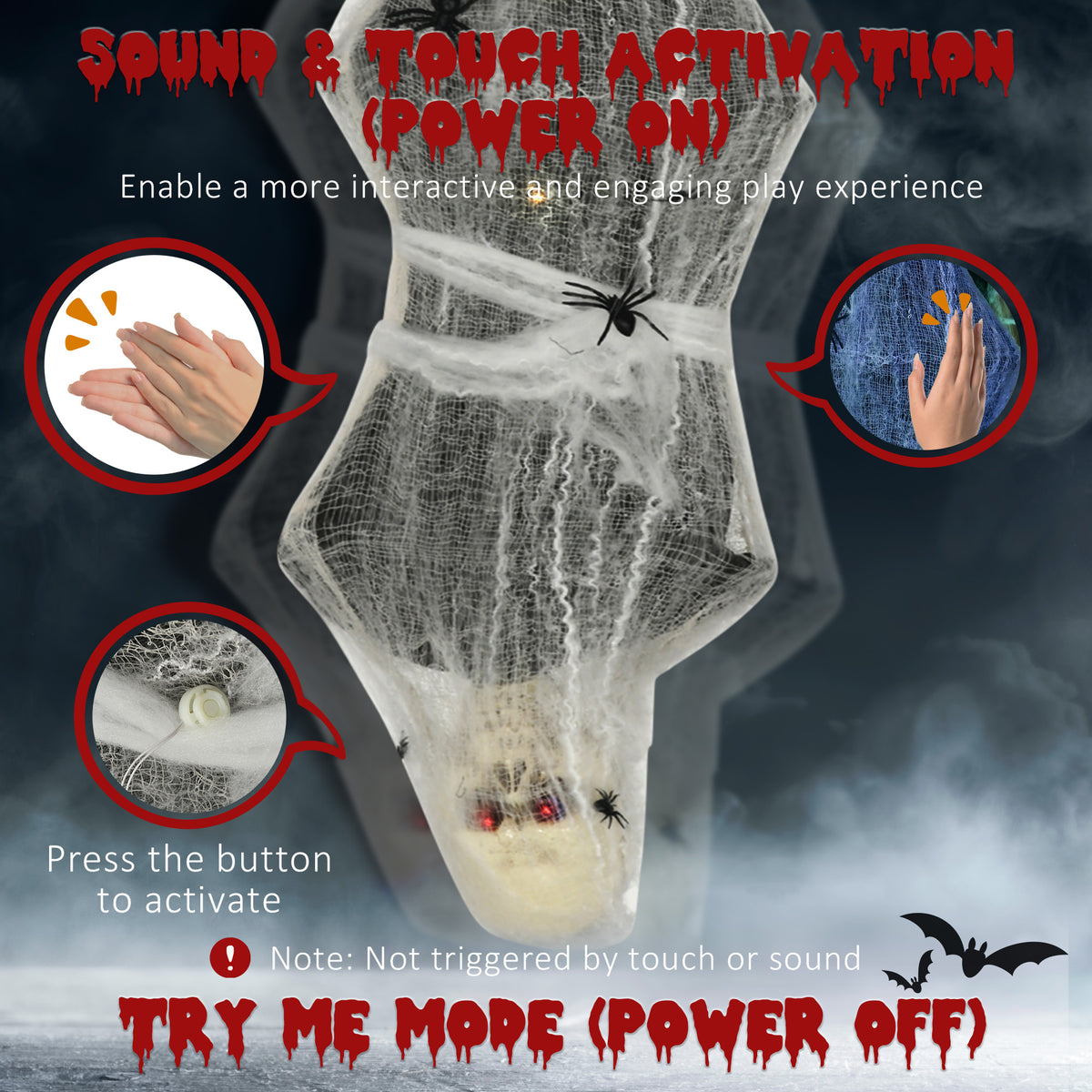 55.9 Inch/4.7ft Life Size Outdoor Halloween Decoration Hanging Mummy with Spider Web, Animated Prop Decor with Sound and Motion Activated, Light Up Eyes, Creepy Sound