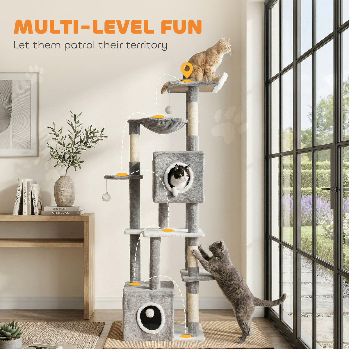 65 Inch Cat Tree with 2 Doors Condos, Plush Top Perch, Hammock, Sisal Scratching Posts, 4 Pompoms, Ramp – view 3