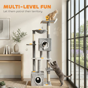 65 Inch Cat Tree with 2 Doors Condos, Plush Top Perch, Hammock, Sisal Scratching Posts, 4 Pompoms, Ramp – view 3