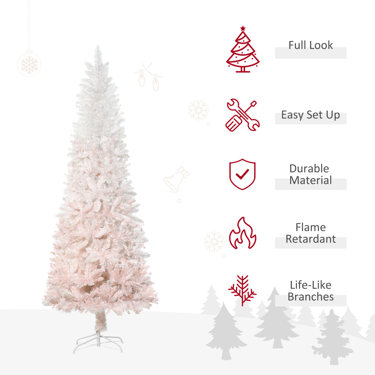 6ft Pencil Artificial Christmas Tree with Pine Realistic Branches, Auto Open, Pink and White