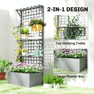 Wooden Raised Garden Bed with Trellis and Roof, Elevated Planter Box with 2 Shelves, Drainage Hole and Liner, Grey