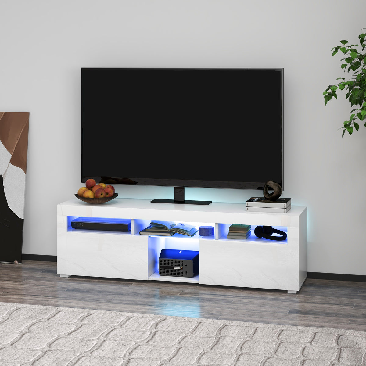 Modern TV Stand with Storage and LED Lights for TVs up to 55", TV Cabinet with Open Compartments, High Gloss White