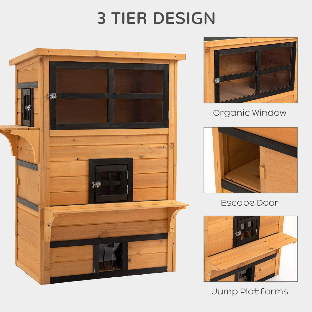 Cat House, Outdoor 3-Tier Kitty Shelter, Weather Resistant, w/ Escape Door