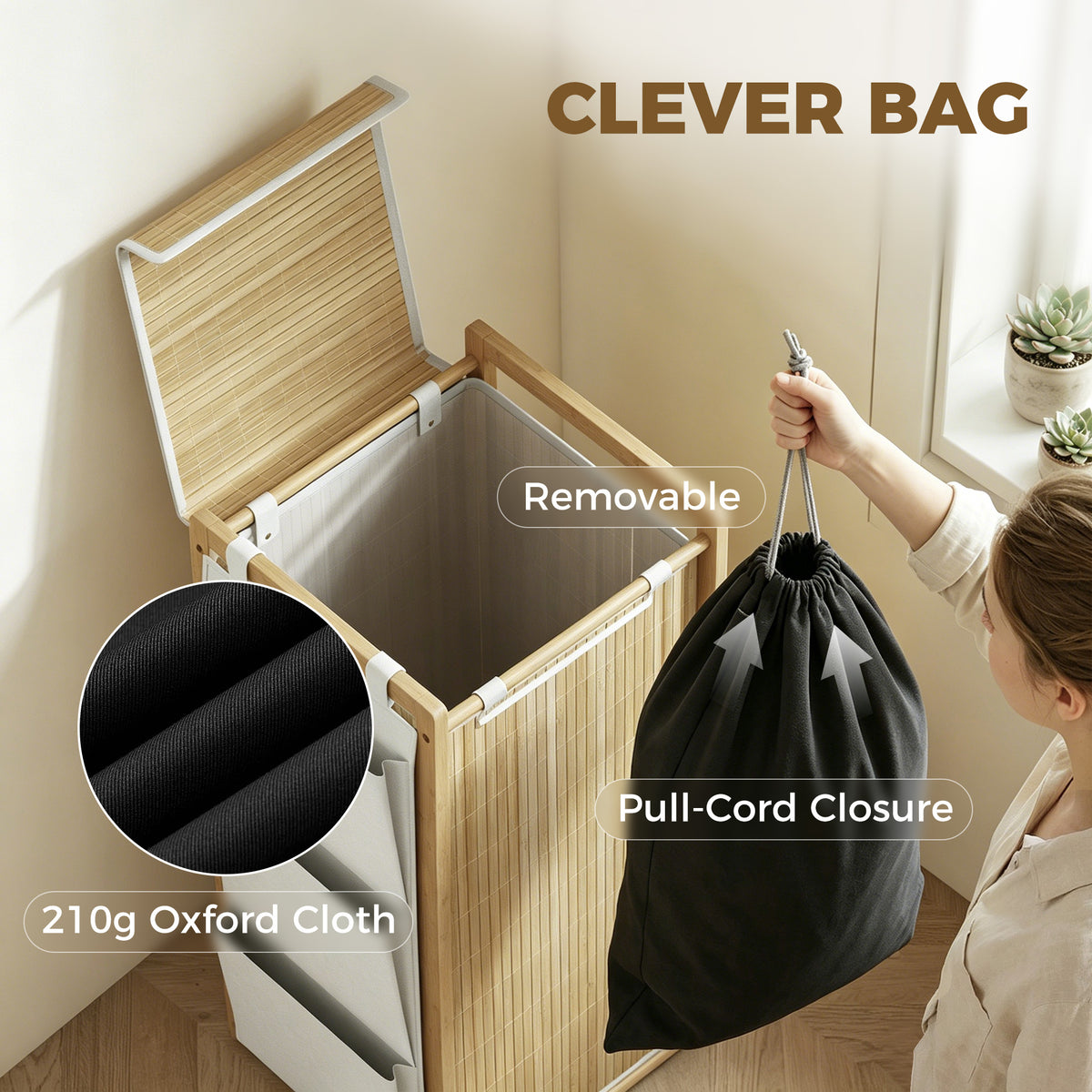 Bamboo Laundry Hamper with Removable Drawstring Bag and Side Storage Pockets, 20 Gal, Natural