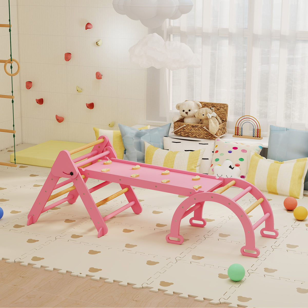 Qaba 7-in-1 Pikler Triangle Set, Foldable Wooden Climbing Toys with Arch, Ramp and Ladder for Toddlers 1-4 Years