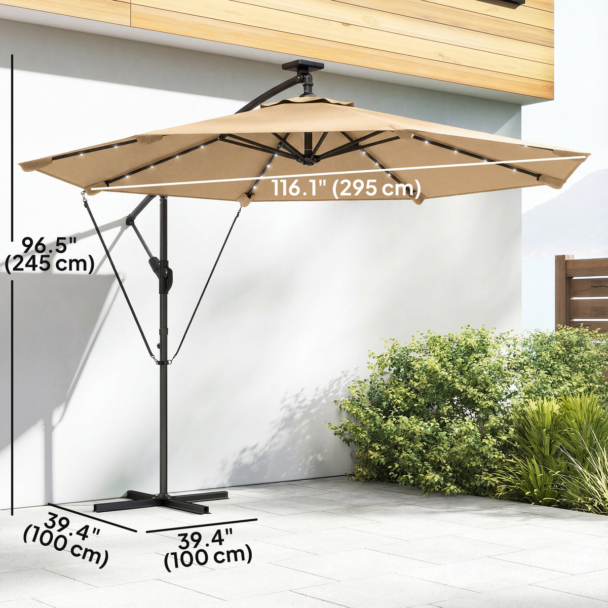 9.7ft Solar LED Cantilever Patio Umbrella with 32 LED Lights, Cross Base, Crank Handle, for Poolside, Deck – view 9