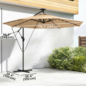 9.7ft Solar LED Cantilever Patio Umbrella with 32 LED Lights, Cross Base, Crank Handle, for Poolside, Deck – view 9
