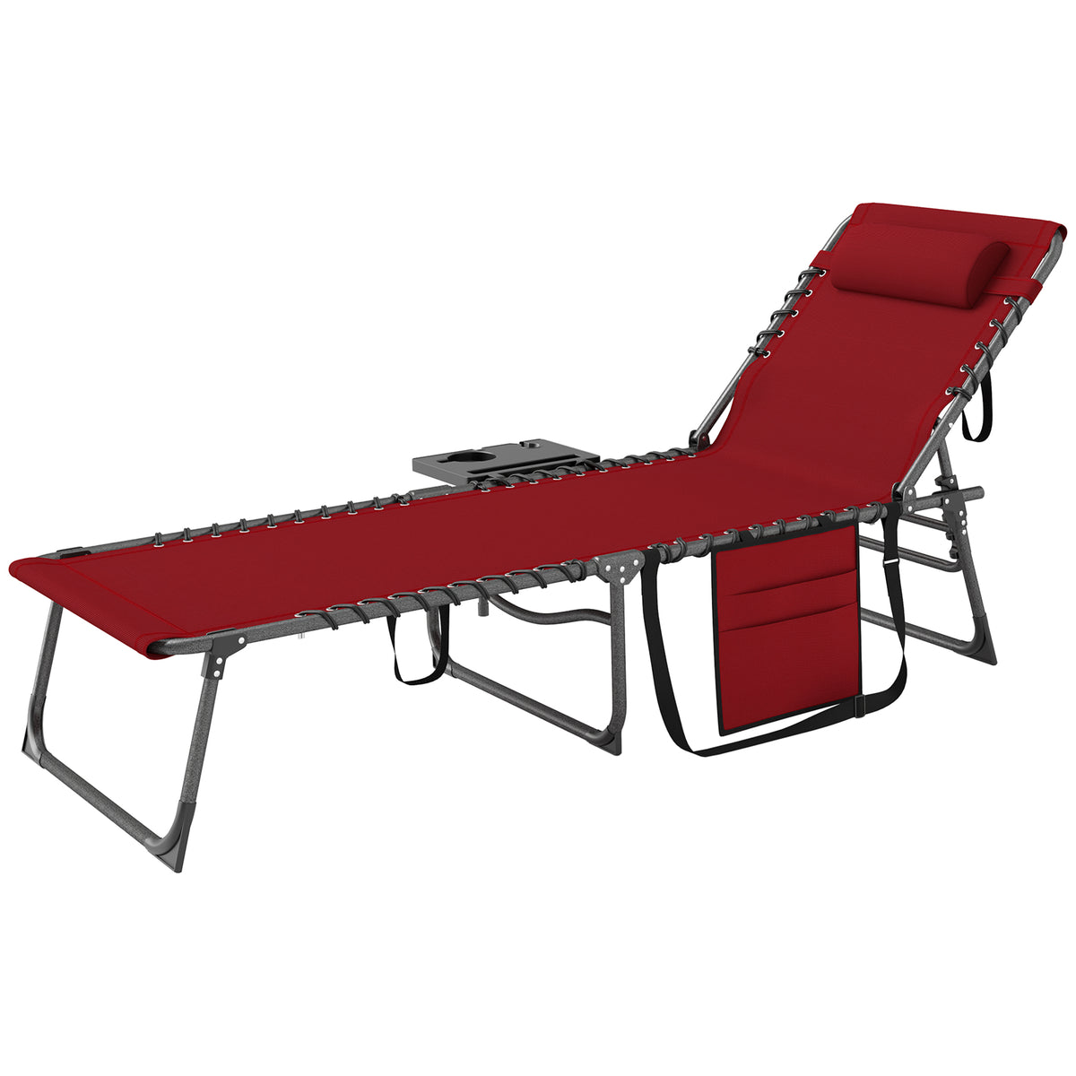Folding Lounge Chair, Outdoor Chaise Lounge Tanning Chair with Adjustable Back, Side Table, Headrest, Black – view 8