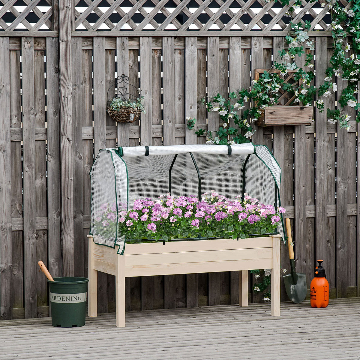 Raised Garden Bed with PE Greenhouse Cover Outdoor Elevated Wood Planter Box for Herbs and Vegetables, Use for Patio, Backyard, Balcony, 48 x 22 x 46 inch, Natural
