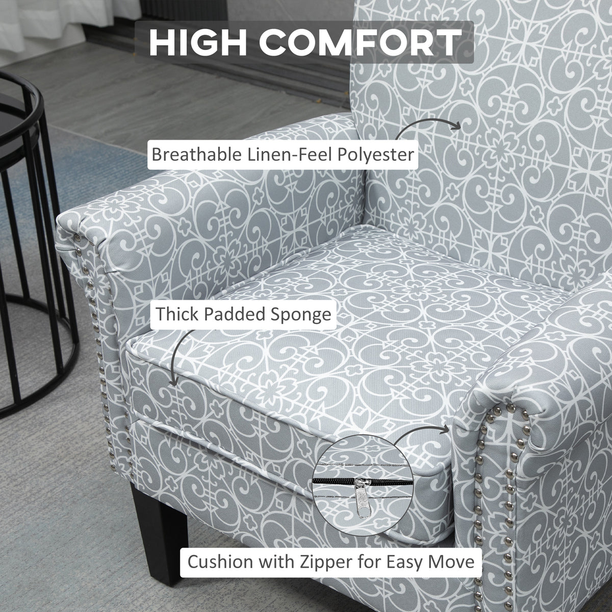 Upholstered Accent Chair, Single Armchair with Soft Linen Touch Fabric, Rolled Armrest with Nailhead Trim, Grey
