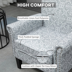 Upholstered Accent Chair, Single Armchair with Soft Linen Touch Fabric, Rolled Armrest with Nailhead Trim, Grey