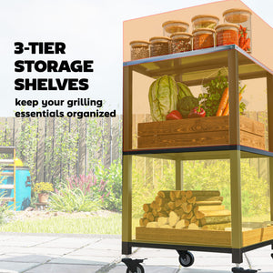 Outdoor Grill Cart, Pizza Oven Stand with Stainless Steel Top, 3-Tier Rolling Kitchen Prep Station with Wheels, Black