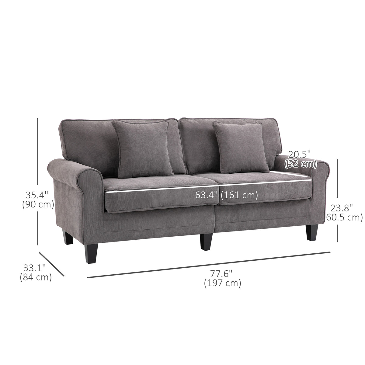 Modern 3 Seater Sofa, Corduroy Fabric 3 Seater Couch with Pine Wood Legs and Rolled Armrests for Living – view 16