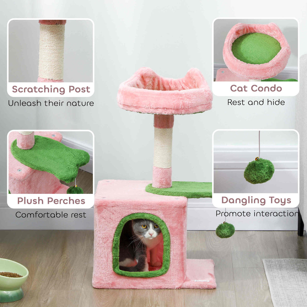 28" Cat Tree Tower with Plush Top Bed, Cozy Condo, Sisal Scratching Post, Perch, Dangling Ball, Beige and Yellow