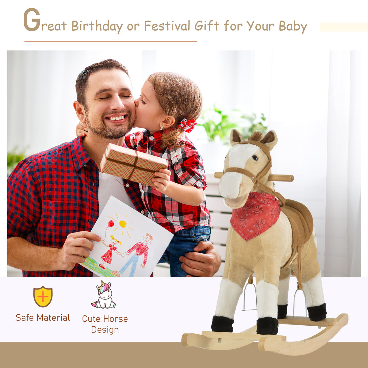 Qaba Kids Plush Ride-On Rocking Horse Toy Cowboy Rocker with Fun Realistic Sounds for Child 3-6 Years Old