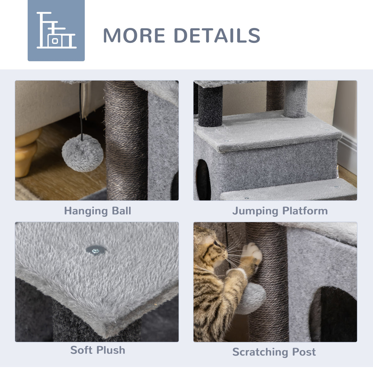 Cat Stairs Pet Steps for Couch Bed with Scratching Posts Condo Ball Toy, 23.6" x 15.7" x 26", Grey – view 5