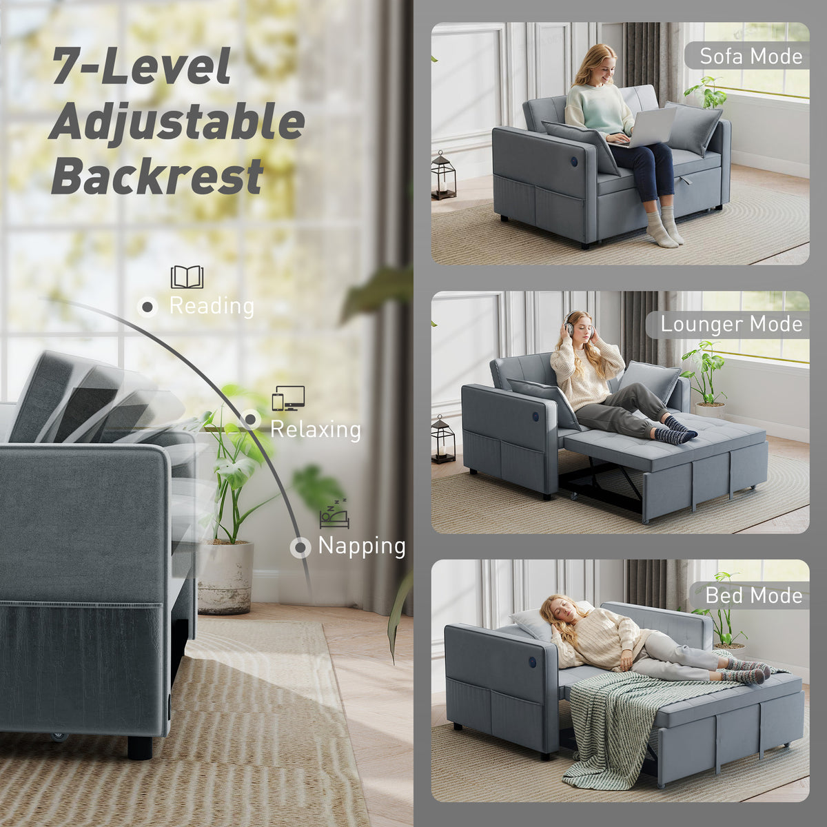 3‑in‑1 Convertible Sofa Bed, Pull Out Sleeper Sofa with USB Charging, Adjustable Backrest, Side Pockets – view 11