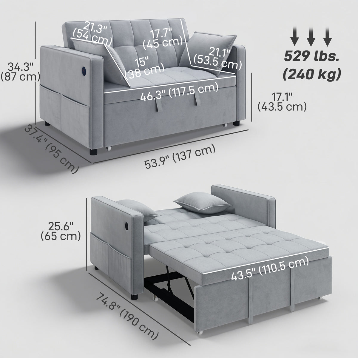 3‑in‑1 Convertible Sofa Bed, Pull Out Sleeper Sofa with USB Charging, Adjustable Backrest, Side Pockets – view 16