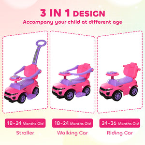 Aosom 3 in 1 Kid Ride on Push Car, Toddlers Sliding Walking Car, with Horn, Music, Light, Parent Control Handle, Secure Bar, Under Seat Storage, for Boy Girl 18-36 Months
