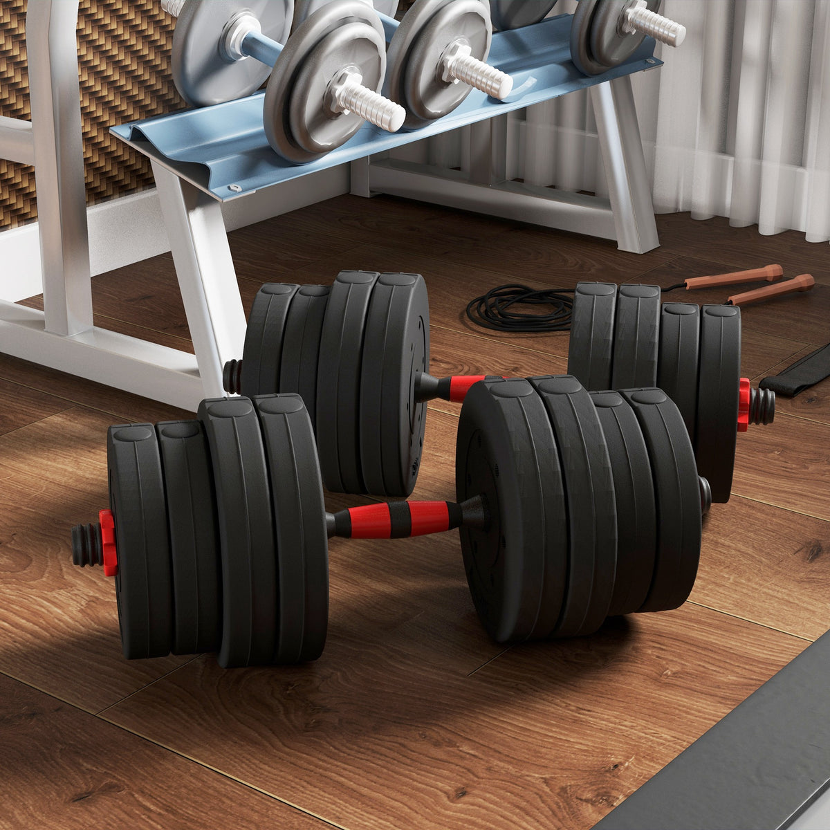 Soozier 44lbs 2-in-1 Adjustable Dumbbells Weight Set, Dumbbell Hand Weights Barbell for Body Fitness, Lifting Training for Home, Office, Gym, Black and Red
