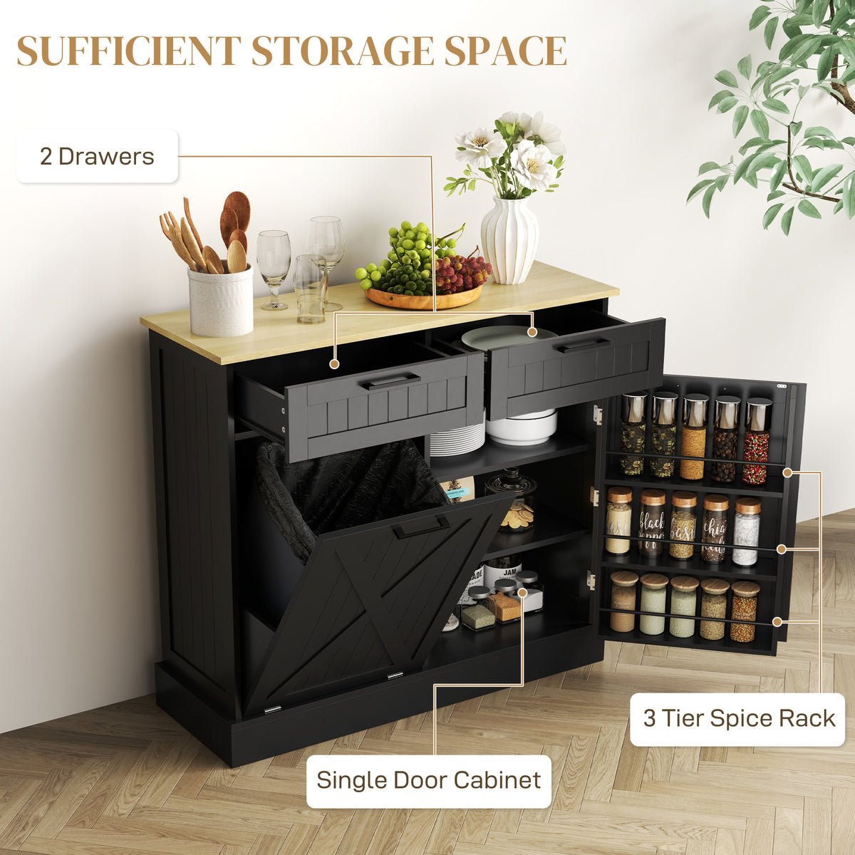 10 Gallon Hidden Garbage Bin Cabinet, Tilt Out Trash Cabinet w/ 2 Drawers, Freestanding Kitchen Island – view 5