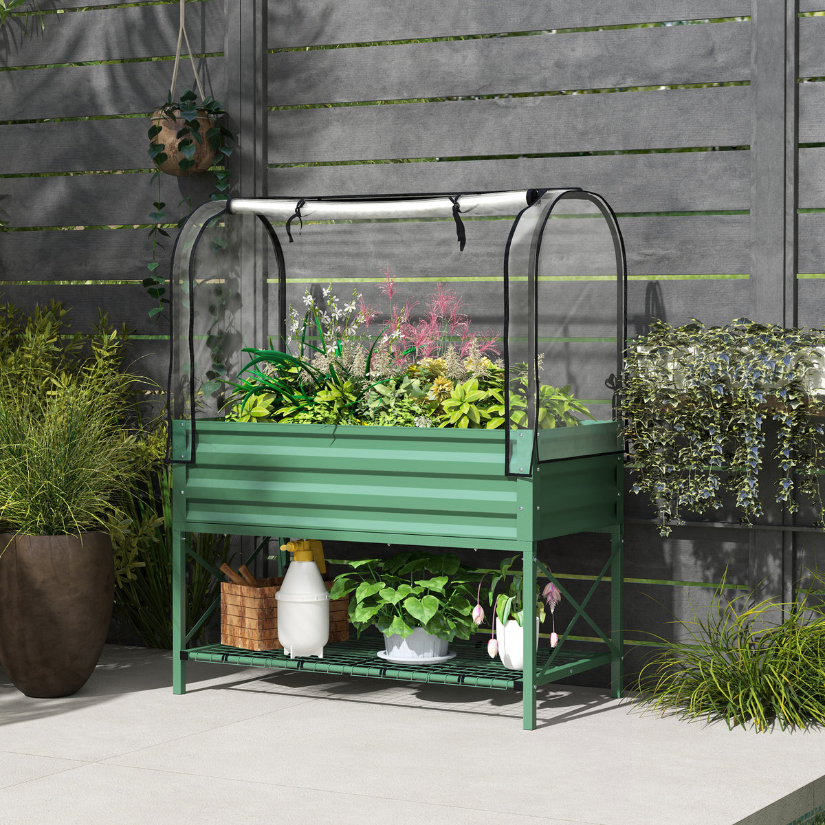 Raised Garden Bed with Cover, Metal Elevated Planter Box with Bottom Shelf and Liner, Black – view 28