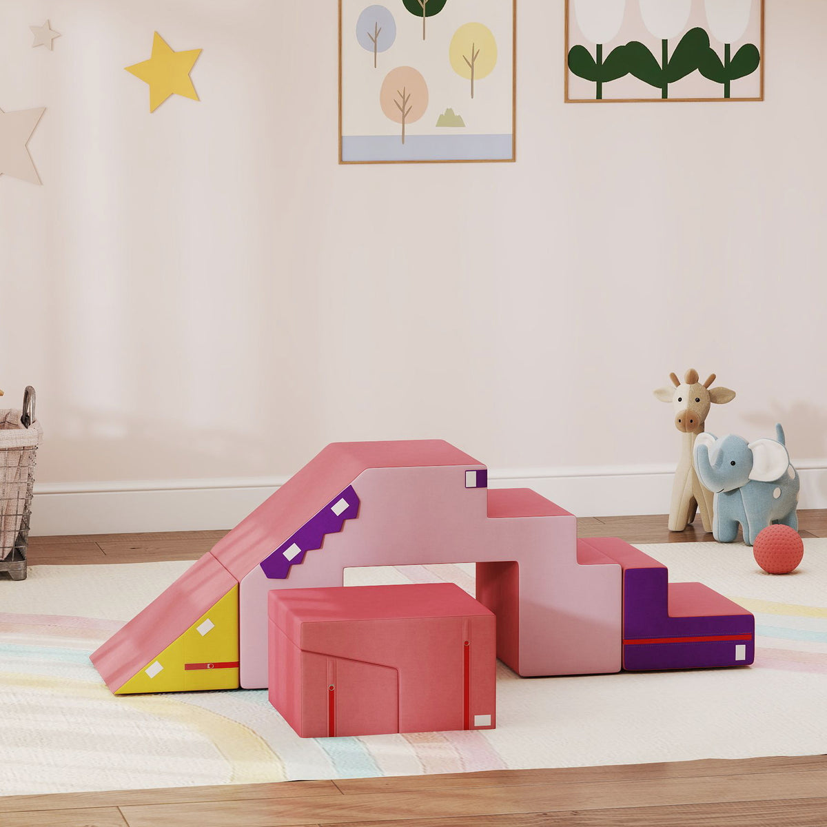 Qaba 2-Piece Climbing Foam Blocks for Toddlers with Detachable Cover, Indoor Climb and Crawl Activity PlaySet, Pink