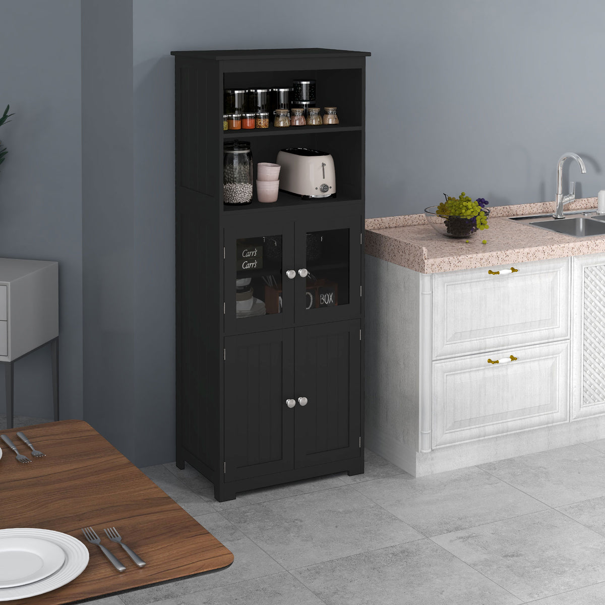 63" Small Buffet with Hutch, 4-Door Kitchen Pantry, Freestanding Storage Cabinet with Adjustable Shelf for – view 14