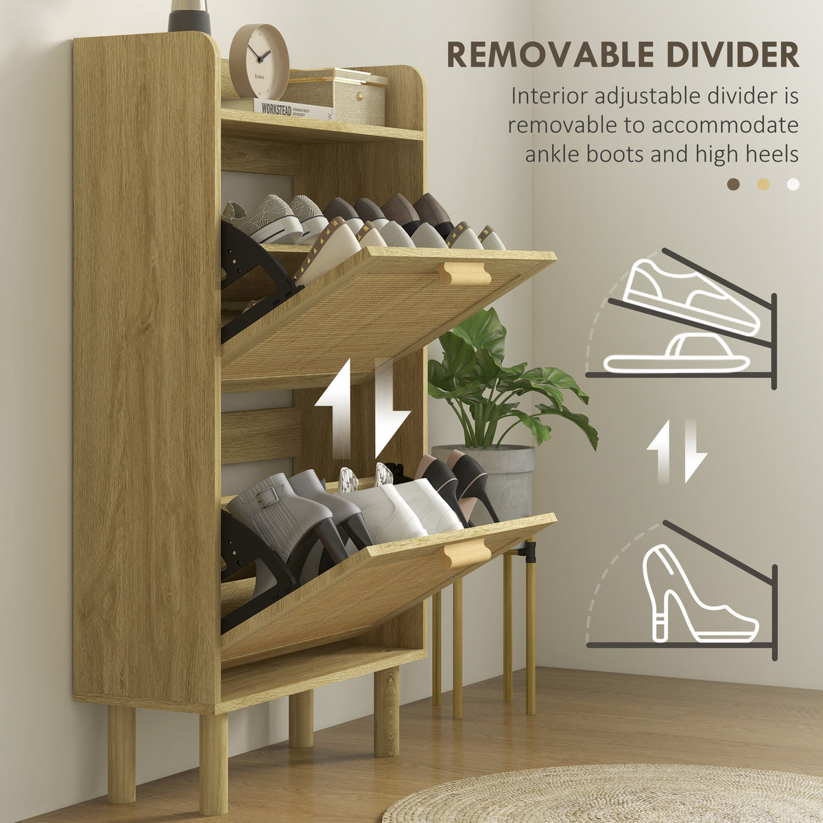 Slim Shoe Storage with 2 Flip Drawers and Adjustable Shelves, Rattan Shoe Cabinet Organizer for 12 Pair, Oak