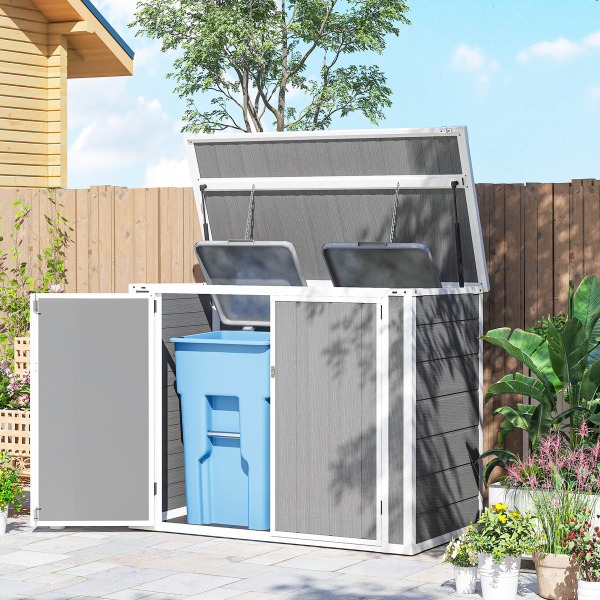 41 Cu. Ft. Outdoor Storage Shed, Outdoor Horizontal Trash Can Storage with Chain Lid, Lockable Storage Box – view 7