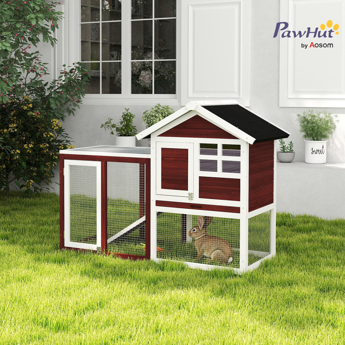 48" Weatherproof Wooden Rabbit Hutch Bunny Cage Small Animal House with Slant Roof And Screened Outdoor – view 9